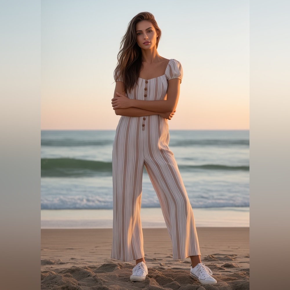 NWT O'Neill LANDRY JUMPSUIT  Button-Front Striped Jumpsuit Cream & Tan Small NWT